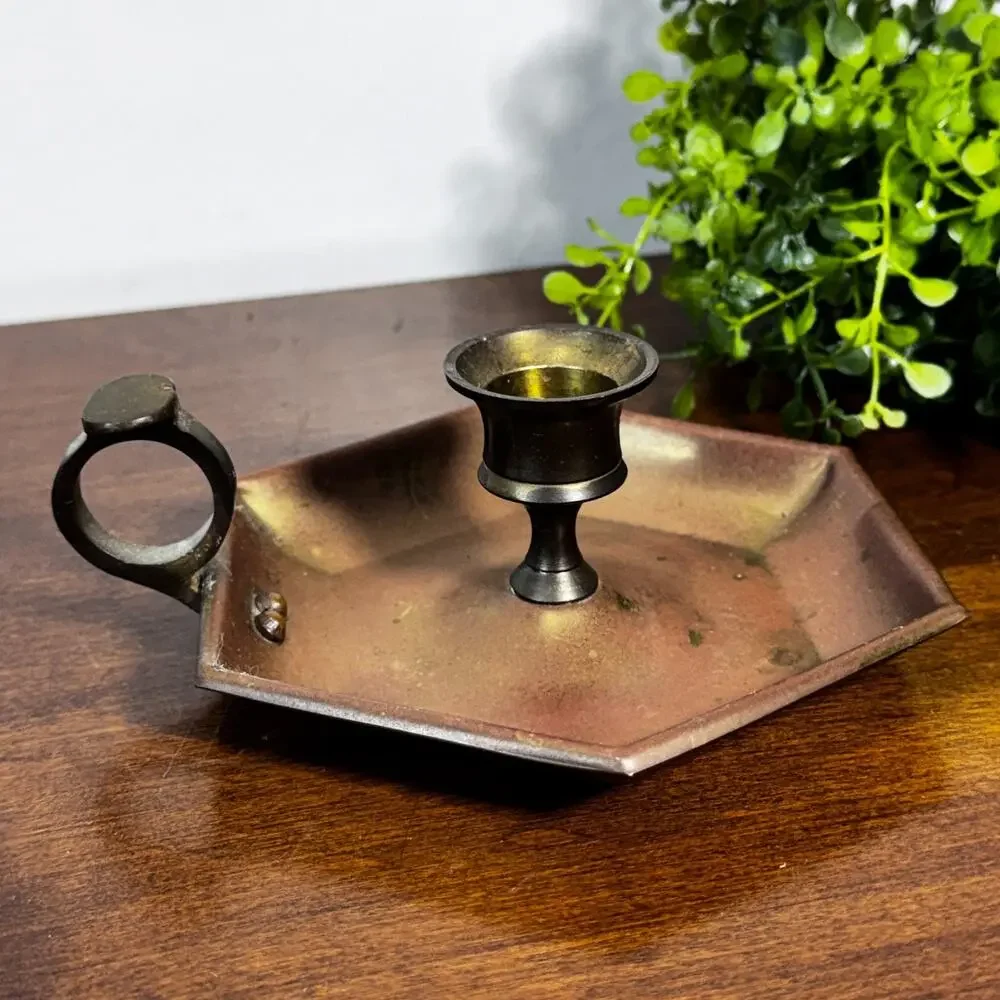 Vintage Brass Chamberstick Candle Holder 6-Sided Hexagonal India